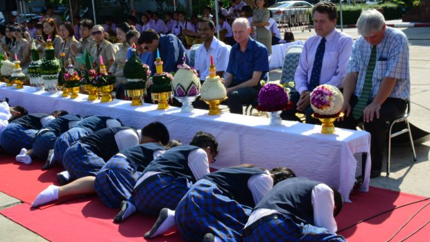 Students pay respect to teachers during a ritual  on June 26 2015.  Peter Dundas Walbran is third from right in the blue short-sleeved shirt.  
