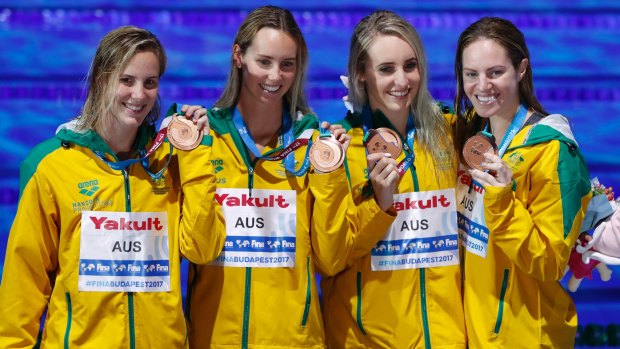 From left: Australia's Bronte Campbell, Emma McKeon, Taylor McKeown and Emily Seebohm show off their bronze medals for the women's 4x100m medley relay.
