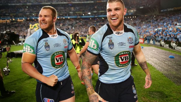 Blues brothers: Trent Merrin and Josh Dugan after game two in 2014.