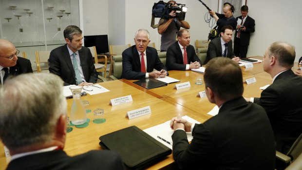 Prime Minister Malcolm Turnbull and Minister for Environment and Energy Josh Frydenberg meet representatives of the gas industry in March.