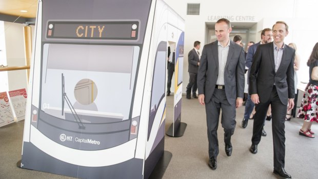 Some danger for pedestrians: Chief Minister Andrew Barr, left, and Capital Metro Minister Simon Corbell launch the consultation on light rail designs in January.