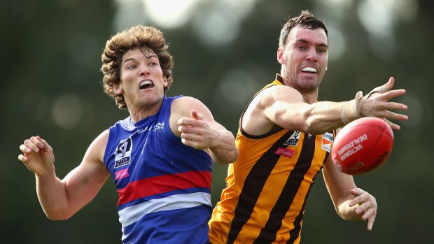 Will Minson of the Bulldogs and Jonathon Ceglar of the Hawks contest the ball during the VFL qualifying final on Saturday.