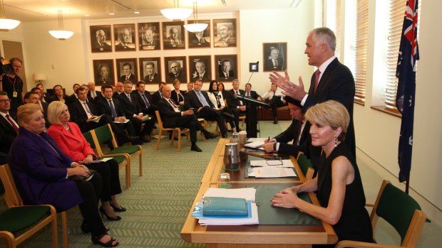 Malcolm Turnbull addressing the Coalition party room last year.