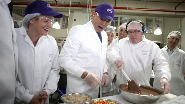 Then opposition leader Tony Abbott visited the Cadbury factory in Hobart during the 2013 election campaign. 