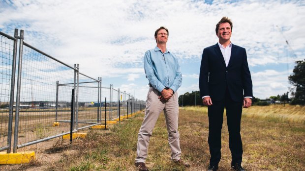 Foy's Bevan Dooley and Stuart Clark at the site of the proposed plastics-to-fuel factory in Hume. 
