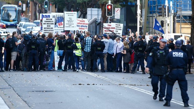Police and protesters on the streets of Parramatta. 