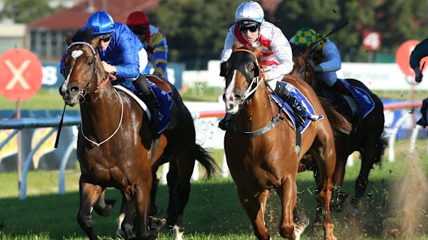 James McDonald rides Astern to win The MTA Run ToThe Rose at at Rosehill Gardens racecourse. 