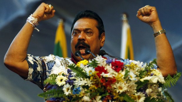 Mahinda Rajapaksa addresses his supporters during a rally ahead of the presidential election in January.
