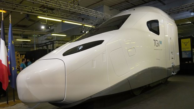 A full-scale model of the next high-speed TGV. France plans to have the TGV M up and running in time for the 2024 Olympics in Paris.