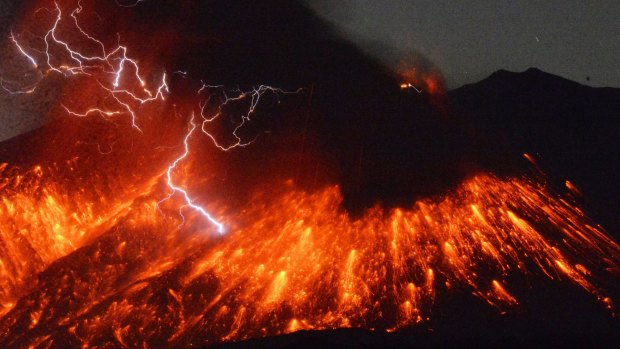 Lightning and lava as Sakurajima erupts on Friday evening. 