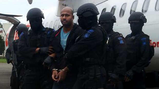 Executions delayed: Myuran Sukumaran arrives at Cilacap airport en route to Nusakambangan.