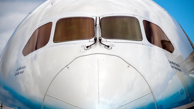 The front and cockpit windows of the new Boeing 787 'Dreamliner' .