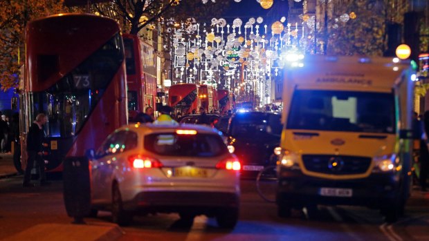 Vehicles block Oxford Street in the west end of London after Oxford Circus station was evacuated.