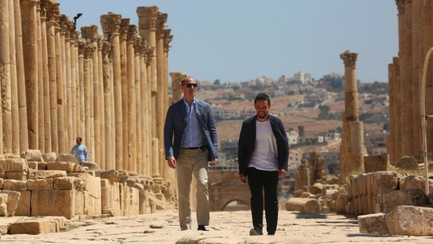 Britain's Prince William (left) and Jordan's Crown Prince Hussein tour the Jerash archaeological site.