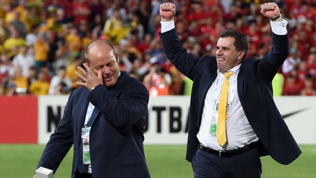 Gold standard: Postecoglou’s speech inspired the Socceroos, who scored an extra-time winner through James Troisi.