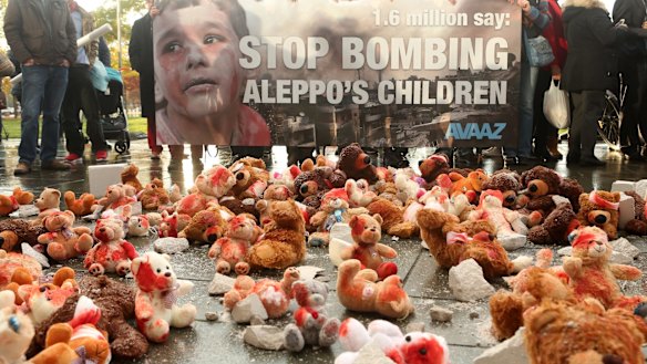 Bloodied teddy bears are seen during a demonstration against Russian military operations in Syria in Berlin in October 2016.