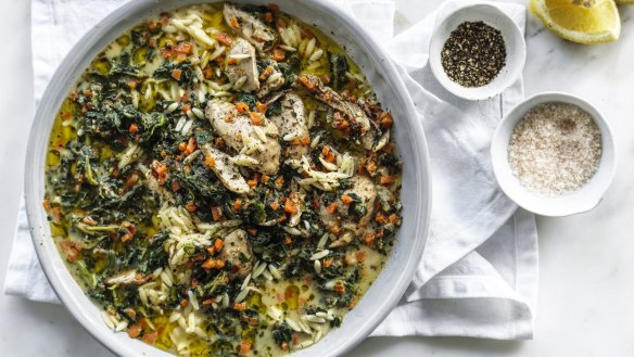 One-pot chicken, spinach and orzo stew.
