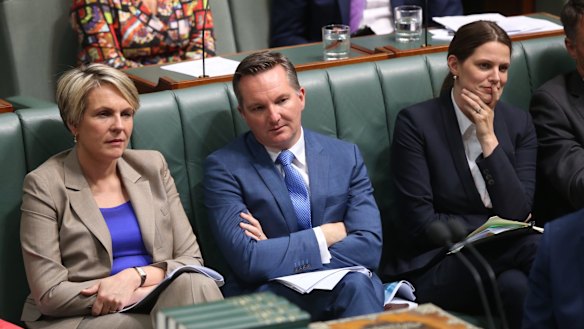 Opposition frontbenchers Tanya Plibersek, Chris Bowen and Kate Ellis during question time.