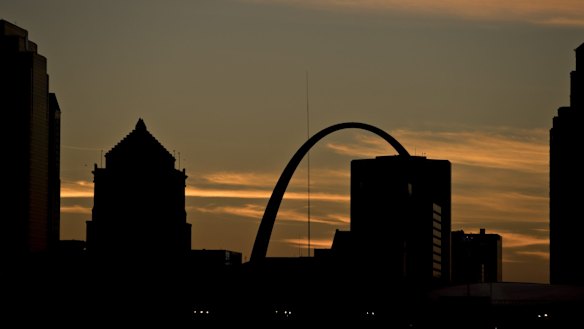 The Gateway Arch, centre, stands ahead of the second US presidential debate at Washington University in St. Louis, Missouri.