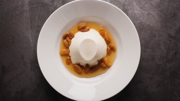 Panna cotta wobbles itself into a creamy pool in syrupy vermouth-scented juices.