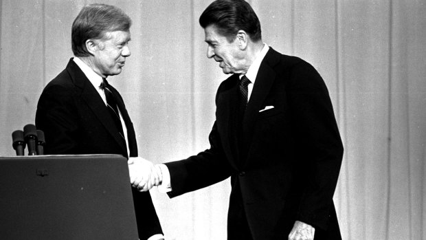 Jimmy Carter, left, is rumoured to have sent the biscuit to the drycleaners accidentally, while Ronald Reagan, right, lost the biscuit when it was fell from his suit while he was in a hospital after he was shot. 