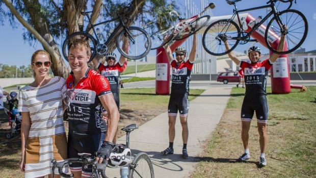 Variety Cycle founder Christopher Mapp (front), met up with his wife Victoria in Canberra on day three of the ride, which Wild Oats XI  crew (back from left) Steve Jarvin, Bryce Ruthenberg, and Nathan Ellis are relishing.