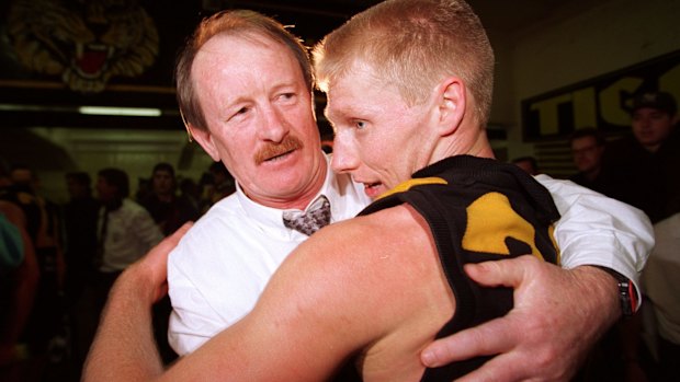 1995 AFL Preliminary final. Coach John Northey celebrates Richmond's semi final win over Essendon with Matthew Knights.