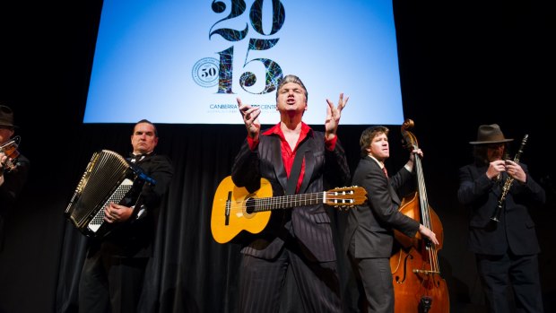 Mikelangelo (centre) and the Black Sea Gentlemen, (L-R) Rufino, Guido Libido, Little Ivan and The Great Muldavio perform at the Canberra Theatre.

