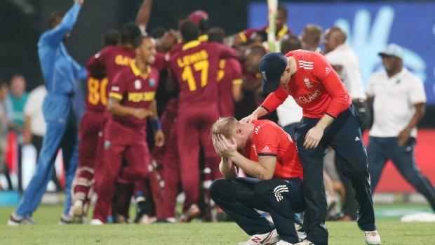 England's Ben Stokes is consoled by his captain Eoin Morgan following their loss in the final of the World Twenty20 tournament in April..