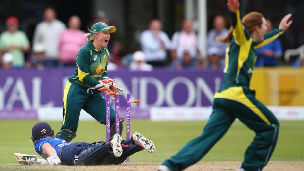 Turner point:  Heather Knight of England is run out by a direct throw from Meg Lanning.