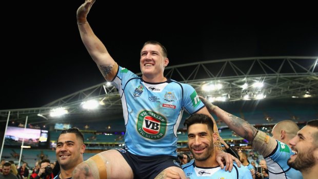 Paul Gallen of the Blues is chaired off the field after playing his final Origin game.