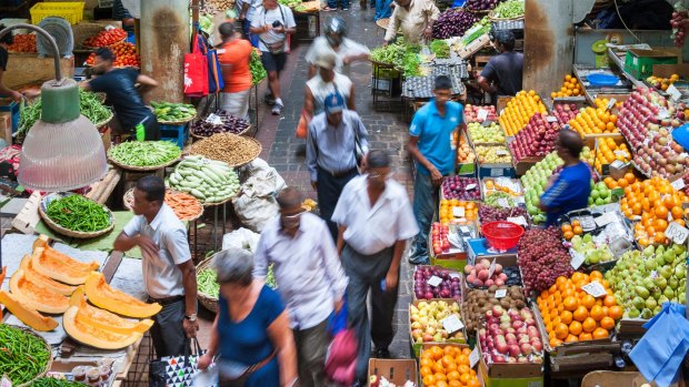 A market in Port Louis, the capital of Mauritius, whose melting-pot cuisine reflects its colourful history.