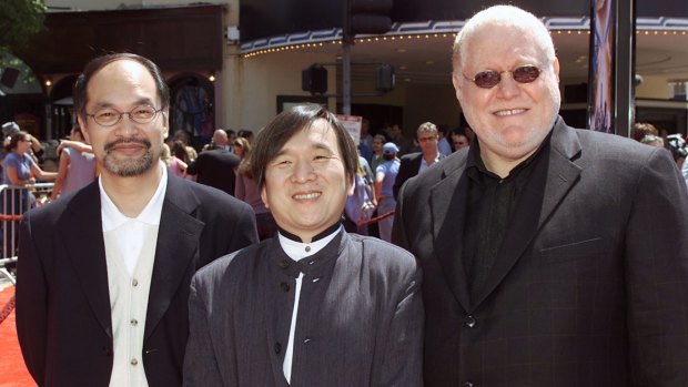 Al Kahn, right, with Pokemon creators Mr Kubo and Mr Ishihara. Kahn secured the licensing rights to the franchise for everywhere outside Asia.