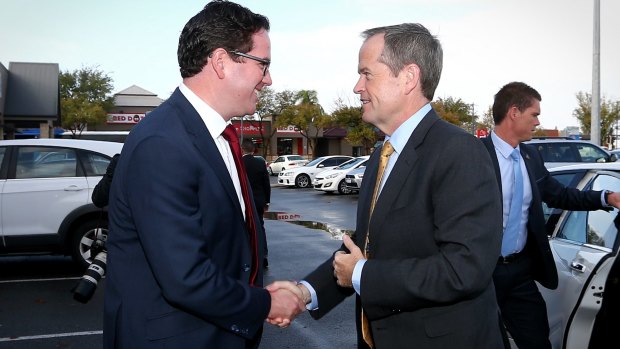 Bill Shorten greets Matt Keogh, the Labor candidate for Burt.