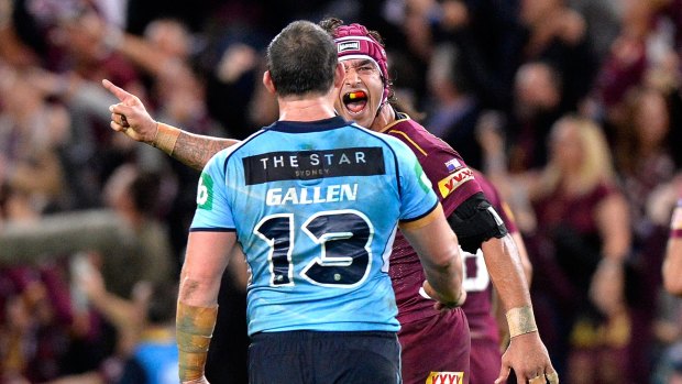 Insult to injury: Paul Gallen cops a spray from Johnathan Thurston after full-time.
