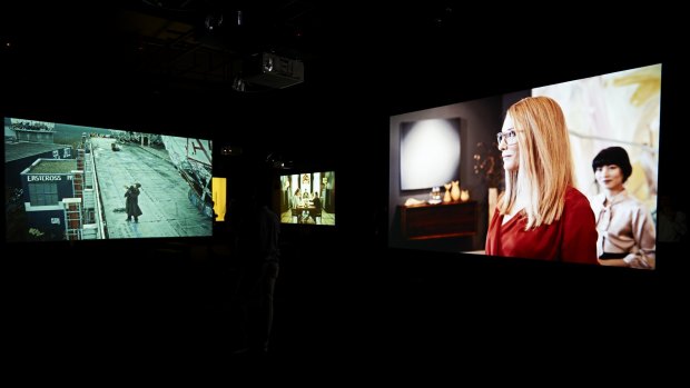 Installation view of Julian Rosefeldt's Manifesto exhibition at the Australian Centre for the Moving Image.