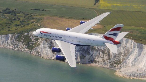 A British Airways A380 flies over the cliffs at Dover. 