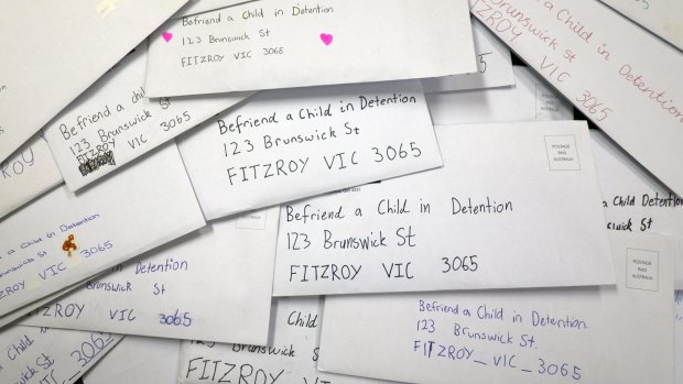 Some of the letters from schoolchildren around the country received by the Befriend a Child in Detention group. The letters are sent along with books to children held in immigration detention in Australia and offshore.