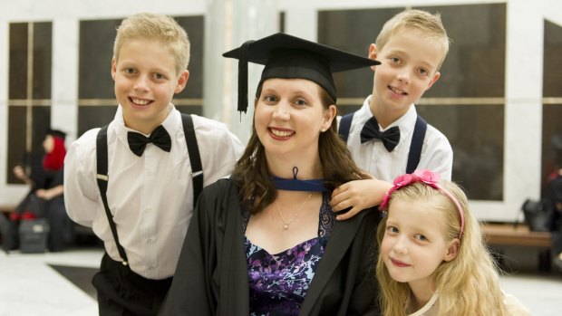 Tanya Stiller, with her three children Lachlan, 10, Riley, 8,  and Lily, 6 at Tanya's gradation ceremony at Parliament House.