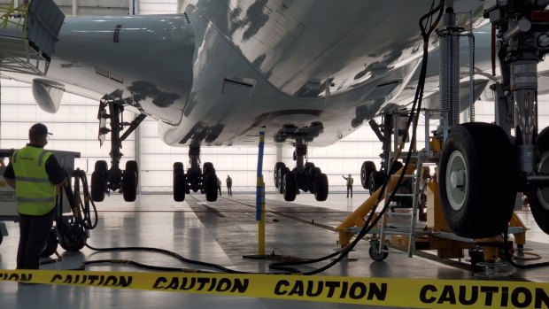 A Qantas A380 undergoes a gear swing procedure in Los Angeles after being taken out of storage.