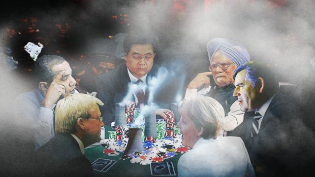 Illustration of leaders "playing poker" at the Copenhagen climate summit. Only Barack Obama and Angela Merkel remain in their jobs and will return to the Paris conference.