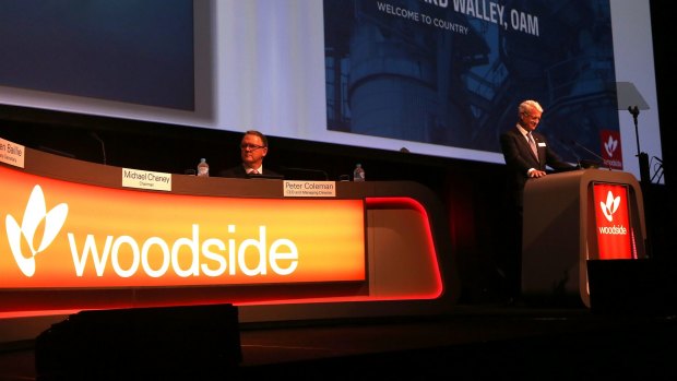 Woodside chief executive Peter Coleman and outgoing chairman Michael Chaney (right) are seen at the Woodside AGM.