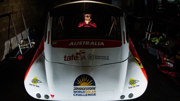 Driver John Schroeder in the TAFE SA entry Solar Spirit. 