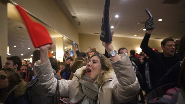 Supporters celebrate Trump's win in New Hampshire.