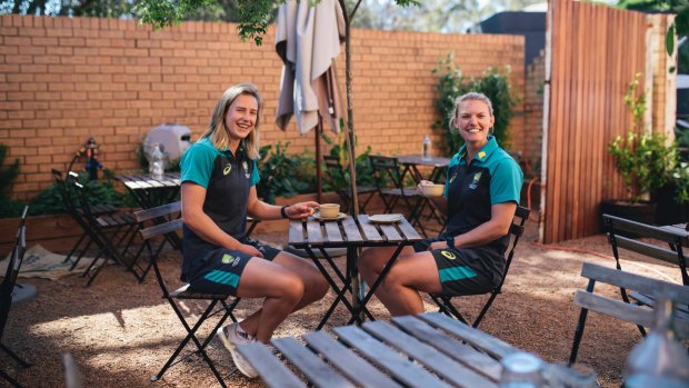 Australian cricketers Kristen Beams and Ellyse Perry at Two Before Ten cafe in Aranda.