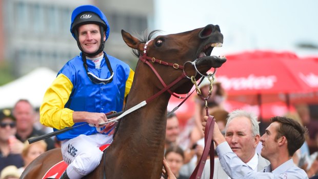 Brad Rawiller is all smiles after winning on Black Heart Bart in the C.F.Orr Stakes at Caulfield on Saturday.