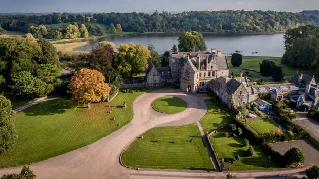 Aerial View of the gardens and lake of Castle Leslie Estate.