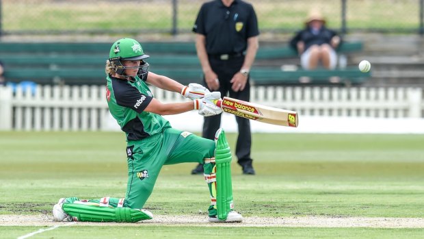 Meg Lanning on her way to an unbeaten 84 including three sixes and 7 fours in the Stars total of 1 for 158.