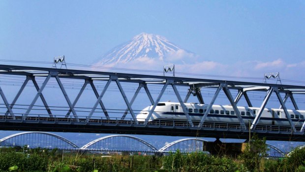The joy of fast trains: Passing Mount Fuji on a bullet train.