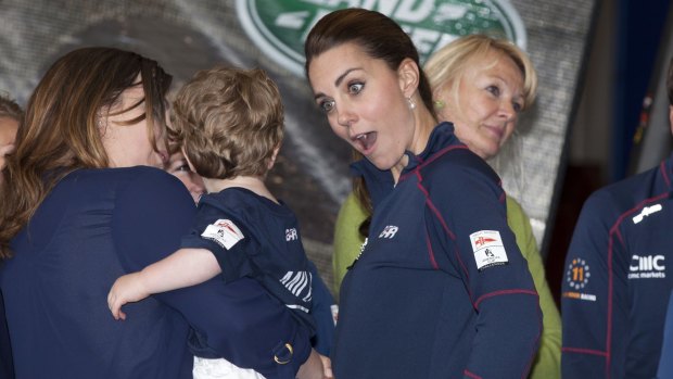 Kate, the Duchess of Cambridge meets families at the Ben Ainslie Racing team base in Portsmouth.